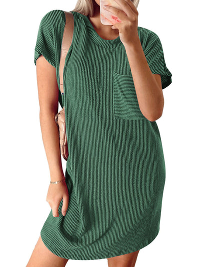 Vertical Stripe Pocket Short Sleeve Mini Dress