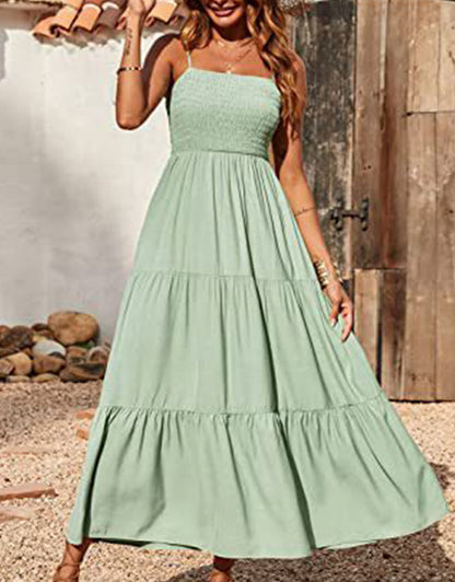 Summer Spaghetti Strap Off Shoulder Layered Hem Maxi Dress