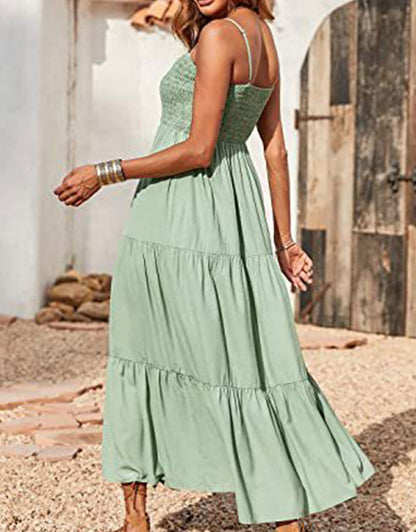 Summer Spaghetti Strap Off Shoulder Layered Hem Maxi Dress