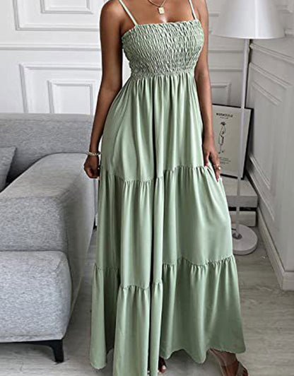 Summer Spaghetti Strap Off Shoulder Layered Hem Maxi Dress