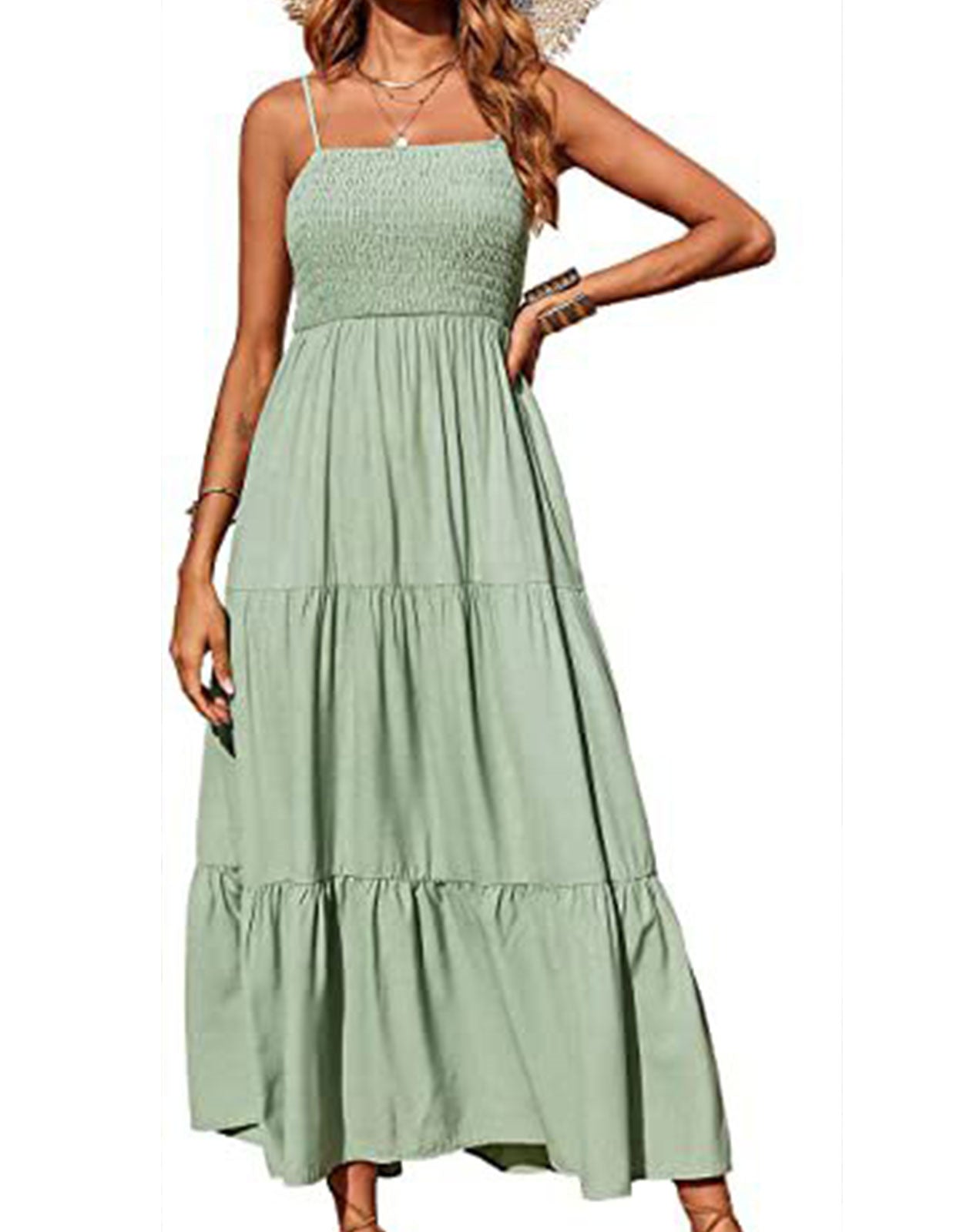 Summer Spaghetti Strap Off Shoulder Layered Hem Maxi Dress