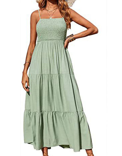 Summer Spaghetti Strap Off Shoulder Layered Hem Maxi Dress