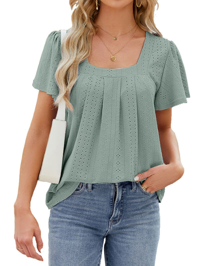 Summer hollow print ruffle round neck top