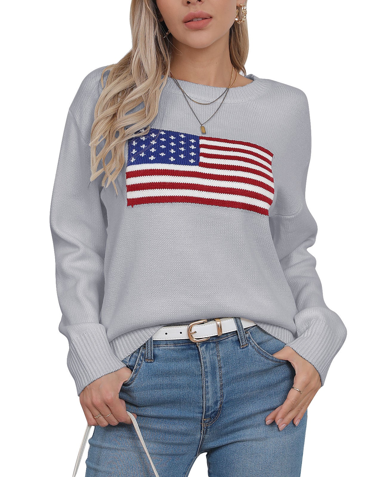 American Flag Loose Long Sleeve Crewneck Sweater