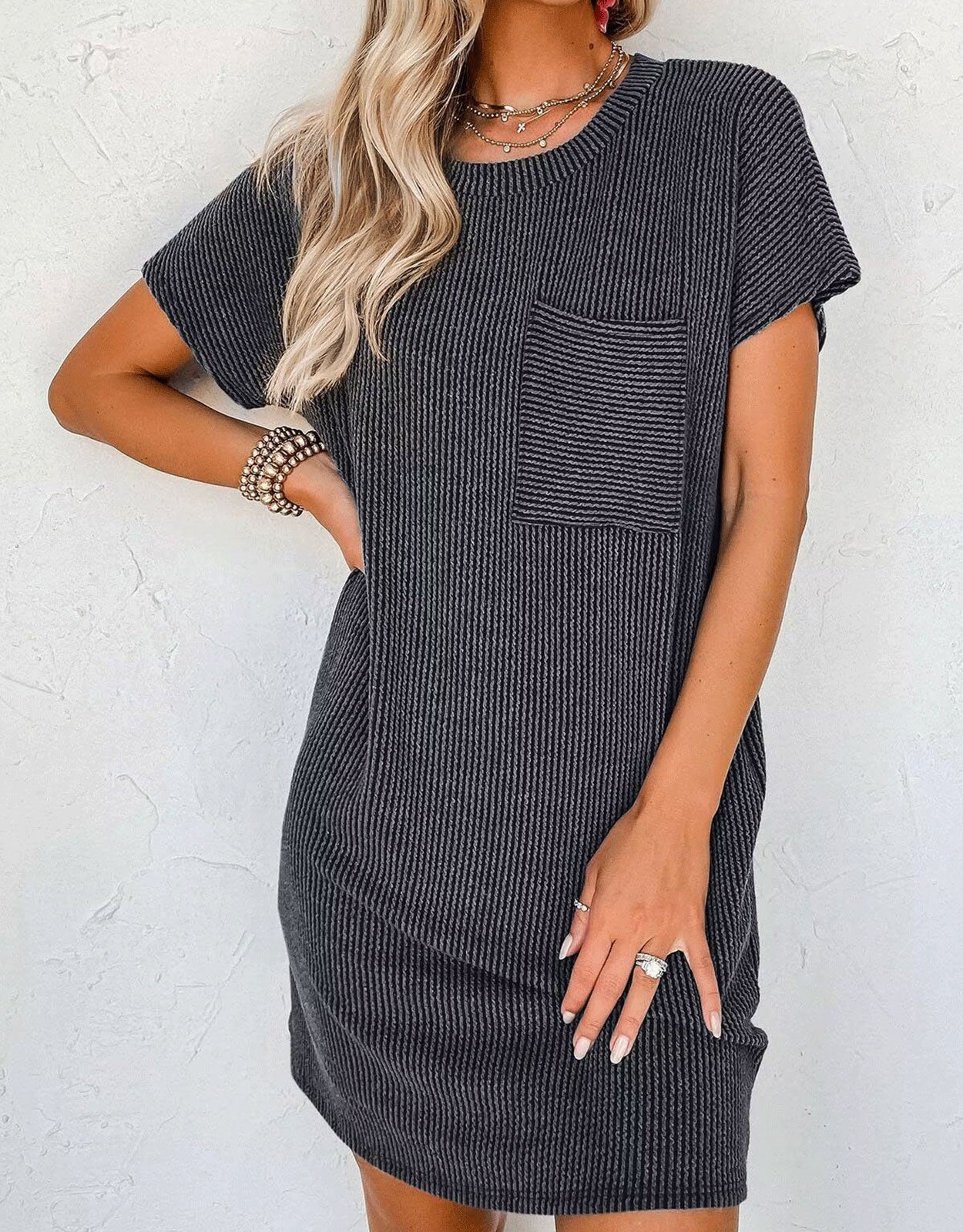 Vertical Stripe Pocket Short Sleeve Mini Dress