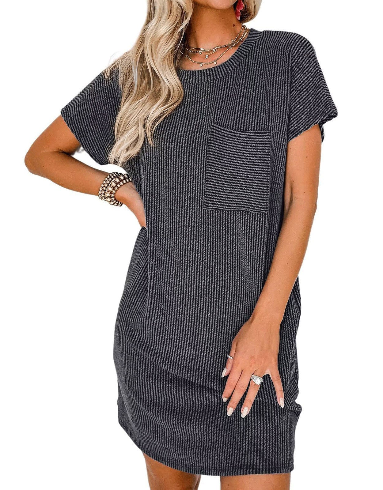 Vertical Stripe Pocket Short Sleeve Mini Dress