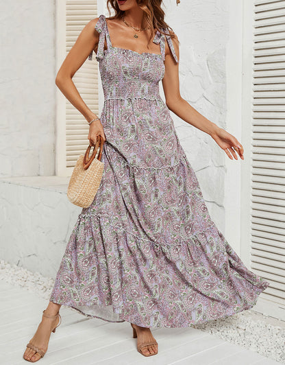 Summer Floral Suspender Pleated Long Dress