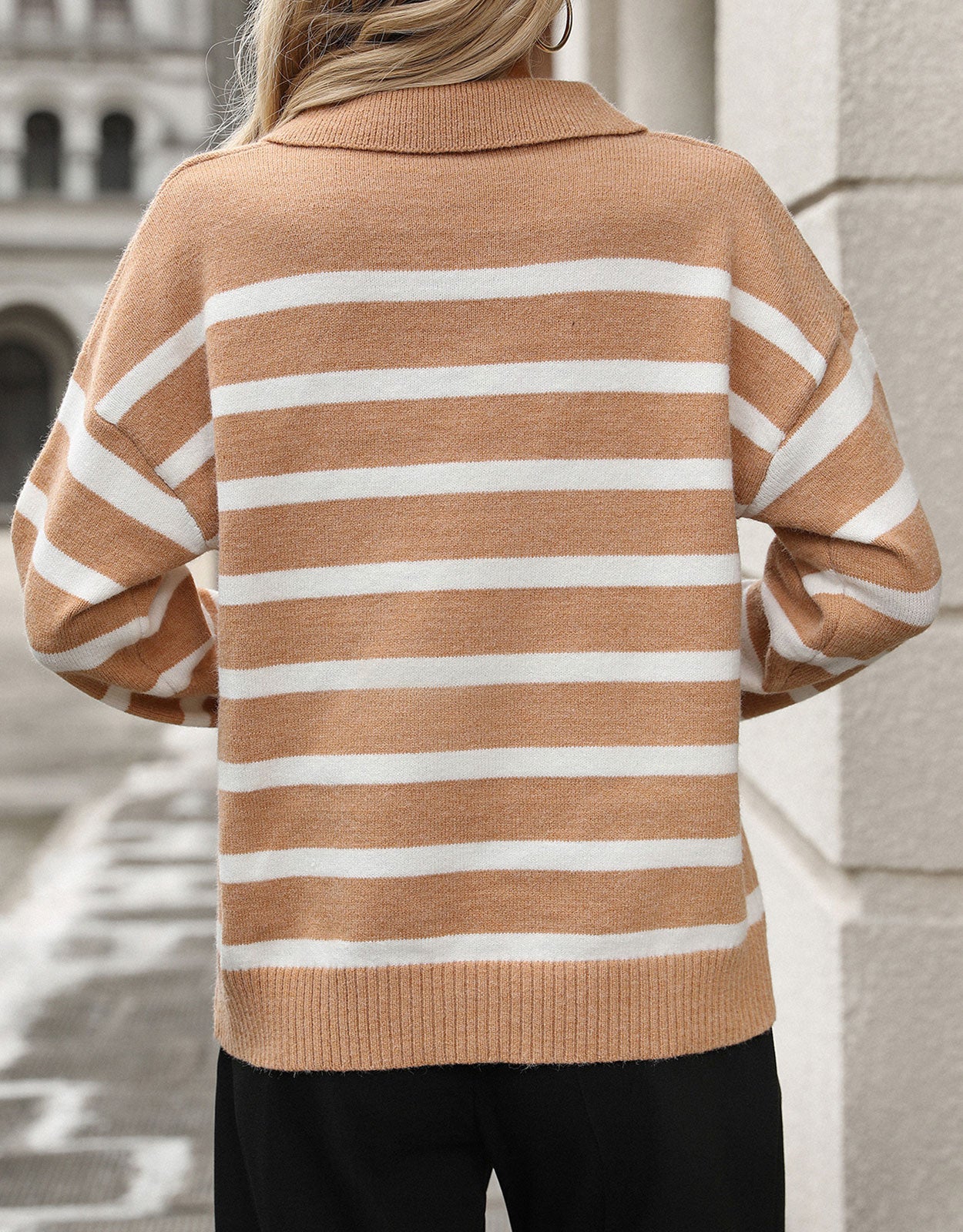 Women's V-neck long-sleeved striped knitted pullover sweater