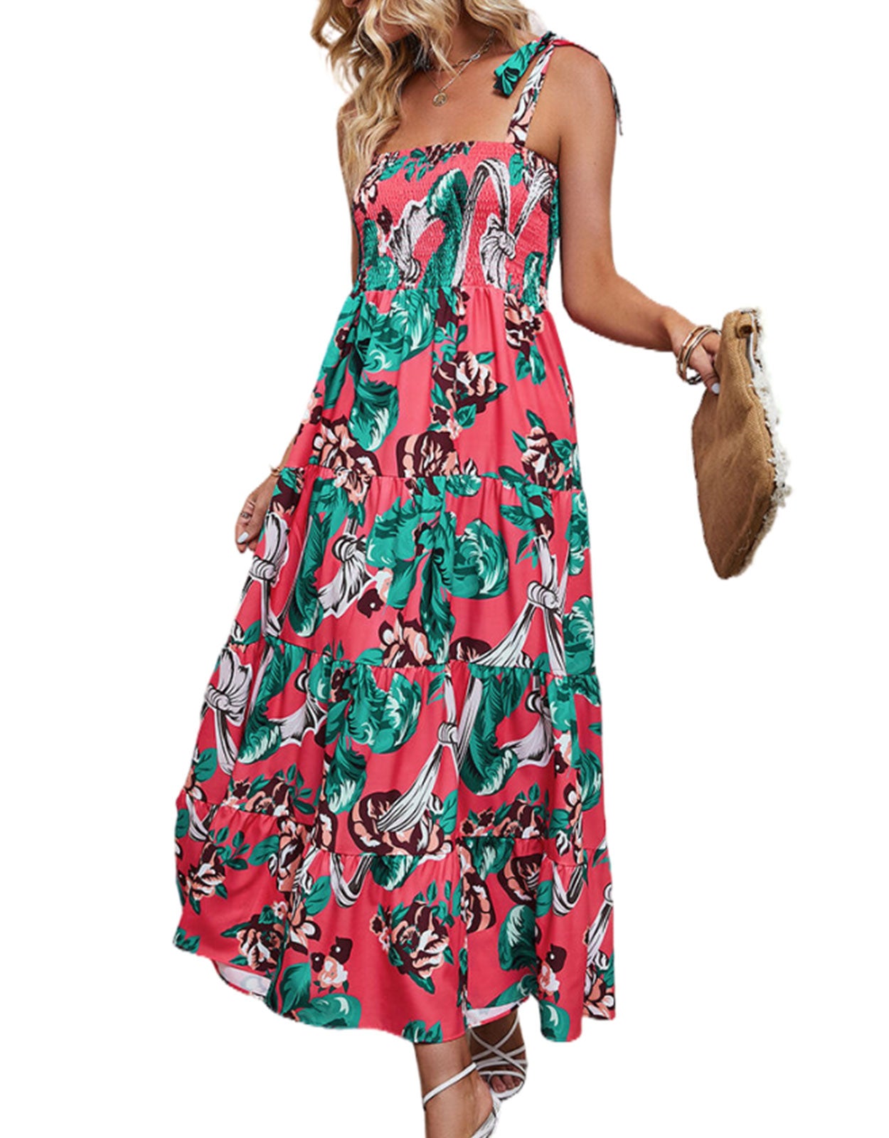 Suspender Pleated Flower Print Dress