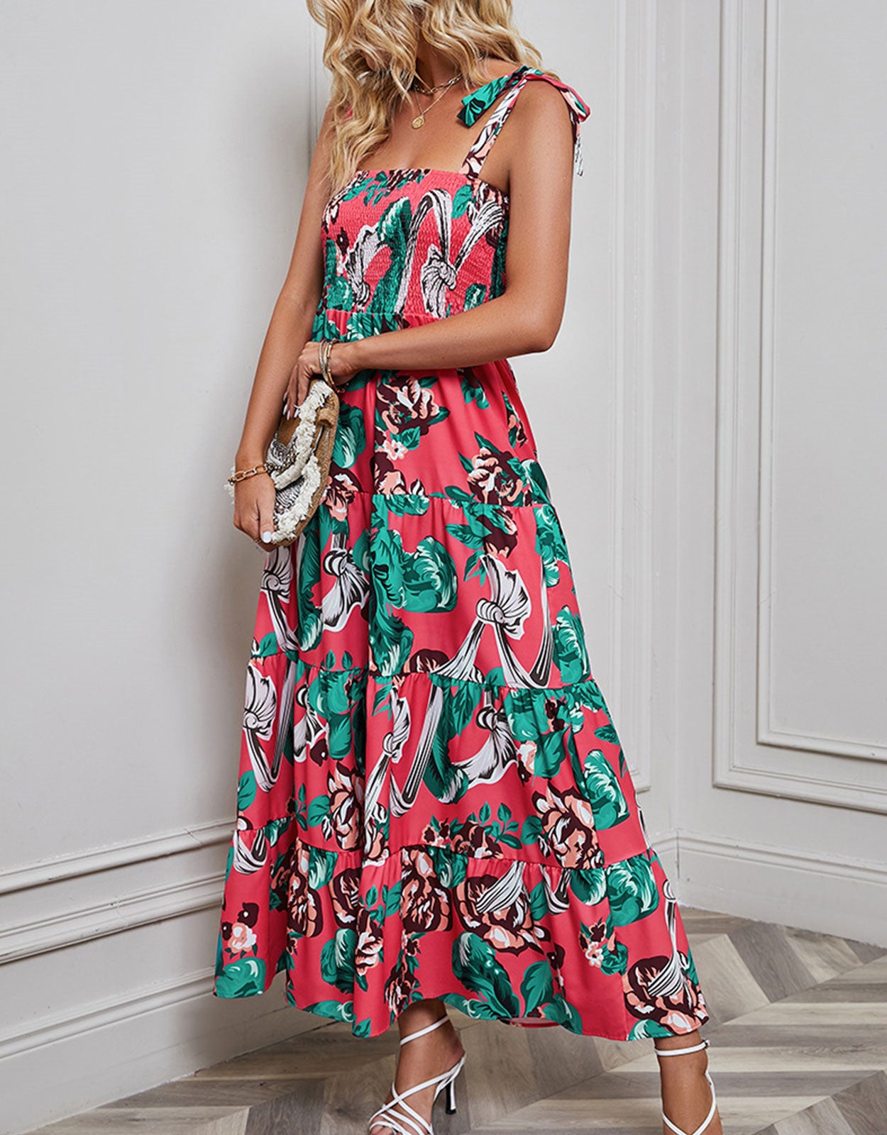 Suspender Pleated Flower Print Dress