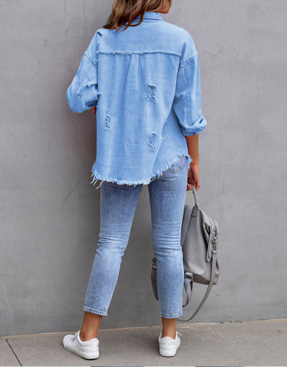 Women's Ripped Distressed Washed Denim Jacket