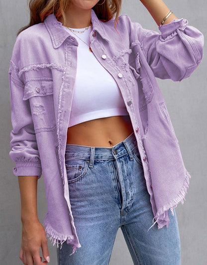 Women's Ripped Distressed Washed Denim Jacket