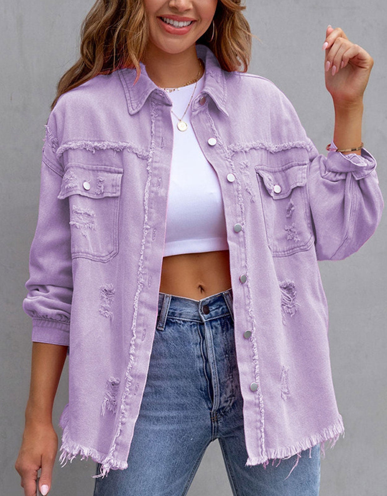 Women's Ripped Distressed Washed Denim Jacket