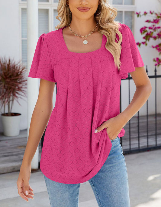 Summer Short-Length Ruffle Sleeve Round Neck Top