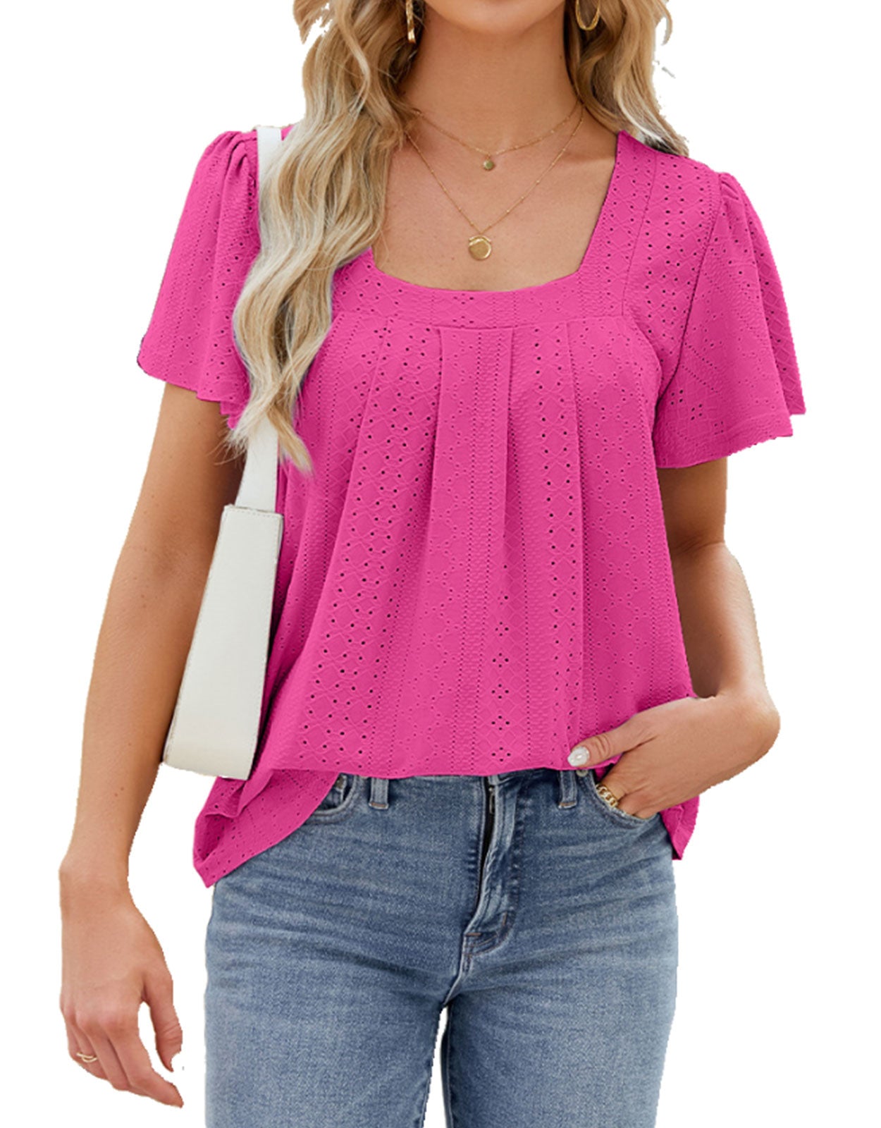 Summer hollow print ruffle round neck top