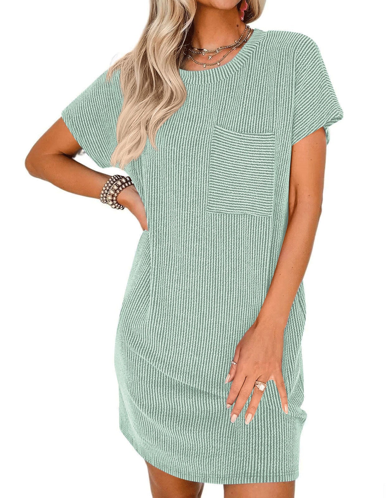 Vertical Stripe Pocket Short Sleeve Mini Dress