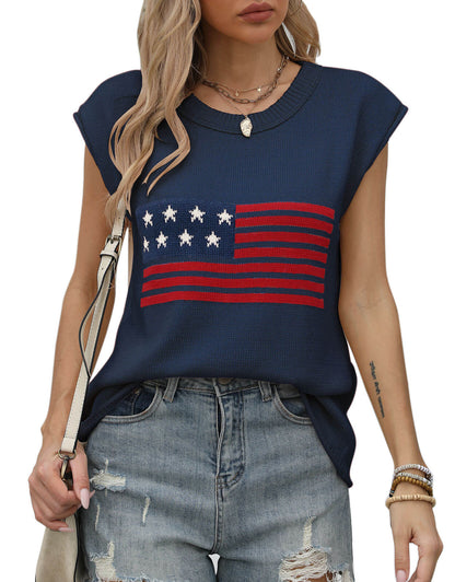 American Flag Loose Short Sleeve Round Neck Sweater