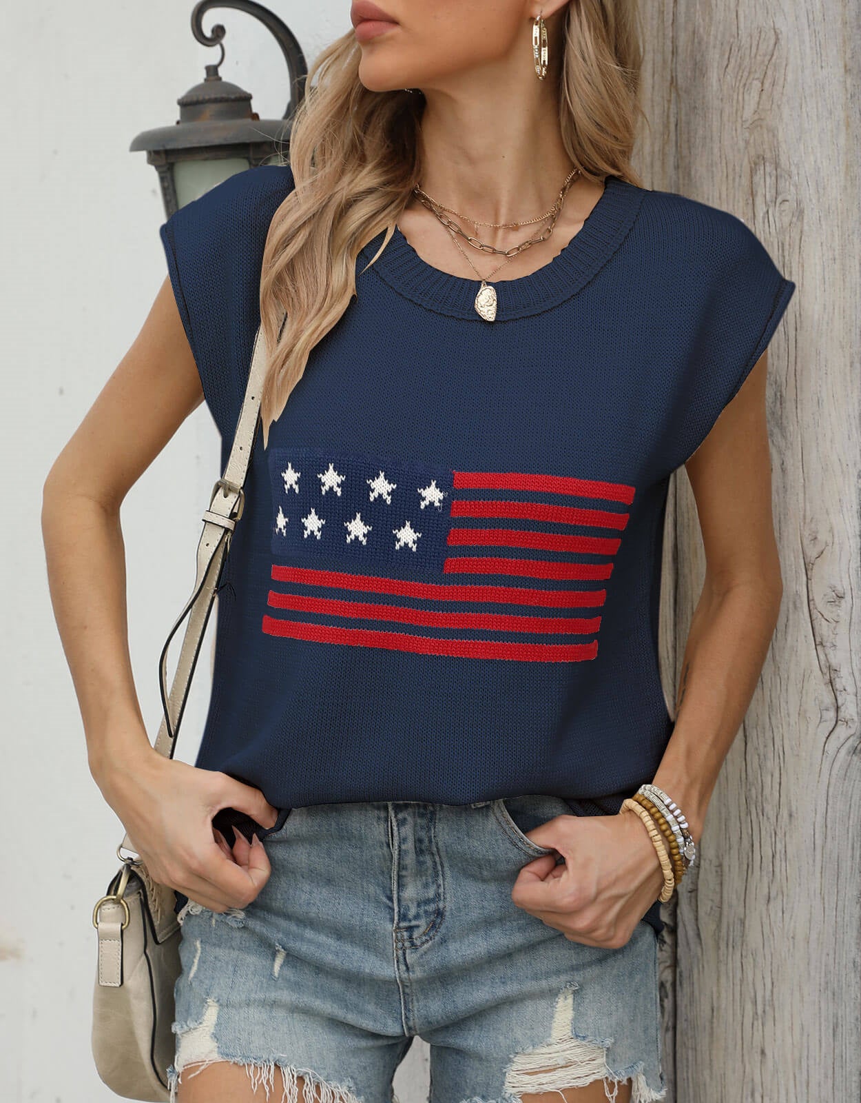 American Flag Loose Short Sleeve Round Neck Sweater