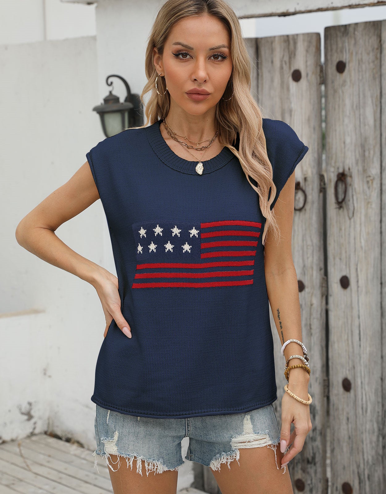 American Flag Loose Short Sleeve Round Neck Sweater