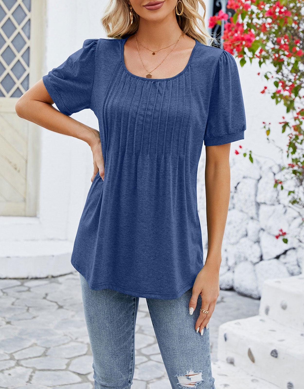 Summer Vertical Ruffle Sleeve Round Neck Top