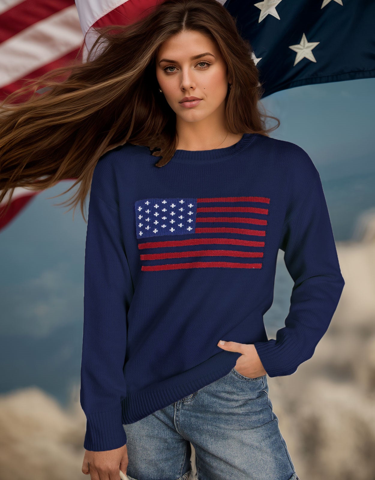 American Flag Loose Long Sleeve Crewneck Sweater