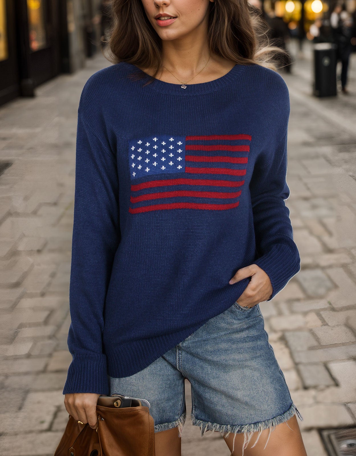 American Flag Loose Long Sleeve Crewneck Sweater