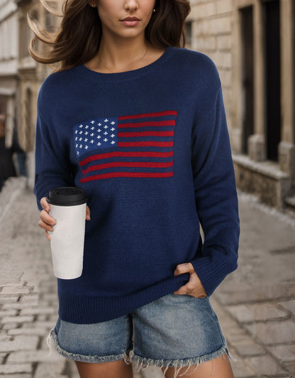 American Flag Loose Long Sleeve Crewneck Sweater