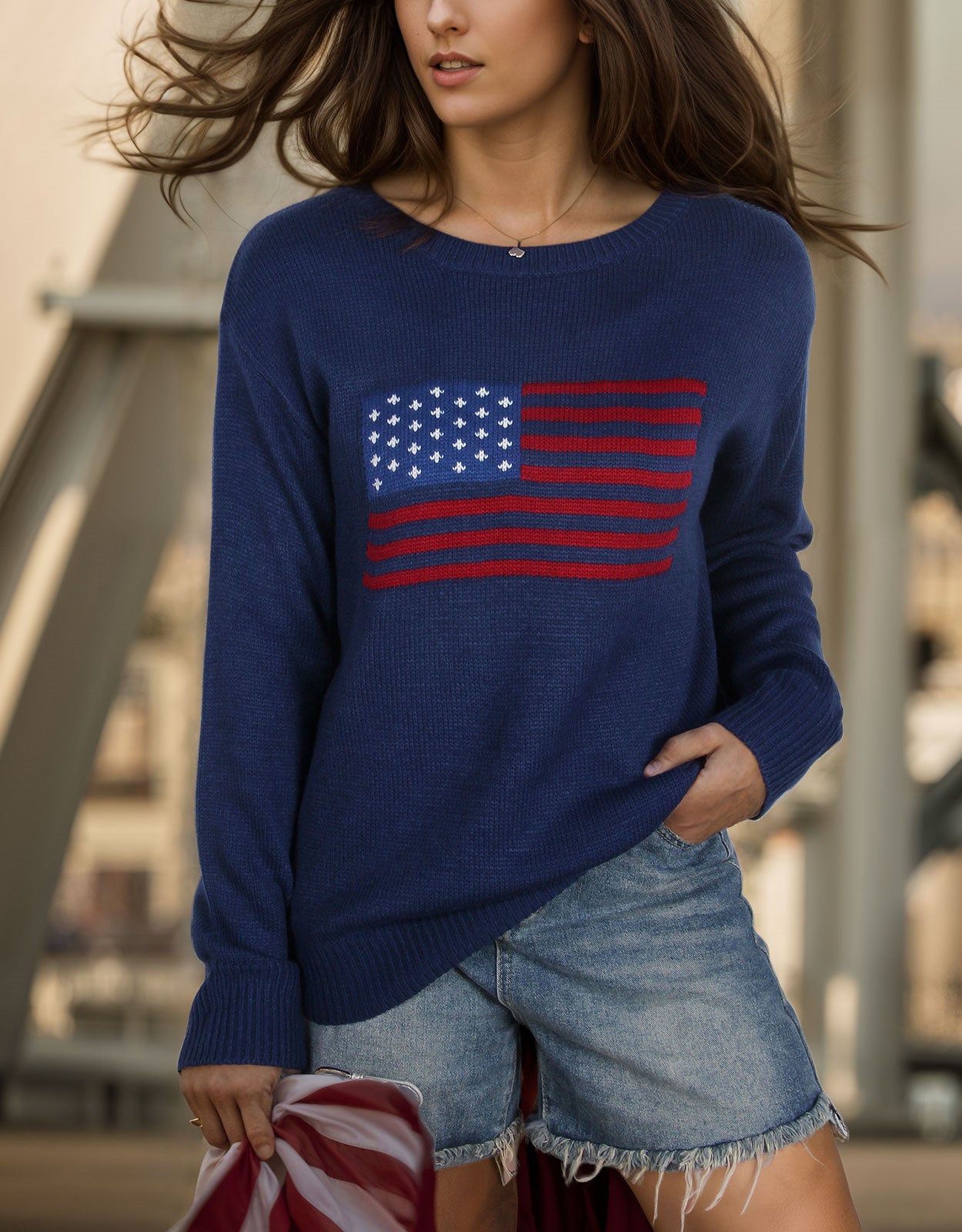 American Flag Loose Long Sleeve Crewneck Sweater