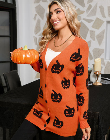 Halloween Pumpkin Button Cardigan Sweater