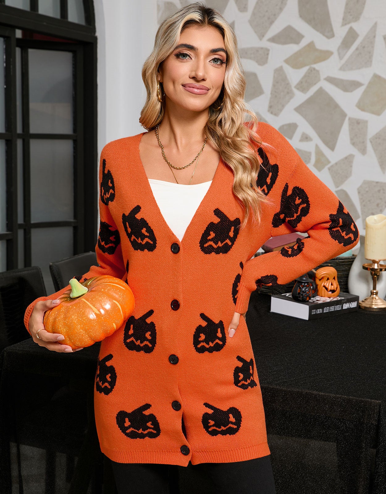 Halloween Pumpkin Button Cardigan Sweater