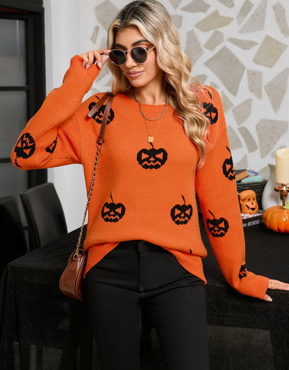 Halloween Pumpkin Print Long Sleeve Sweater