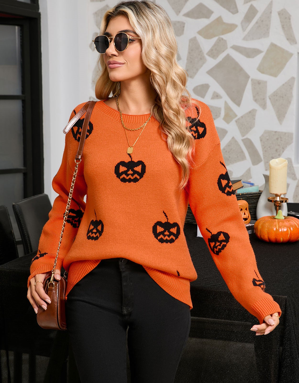 Halloween Pumpkin Print Long Sleeve Sweater