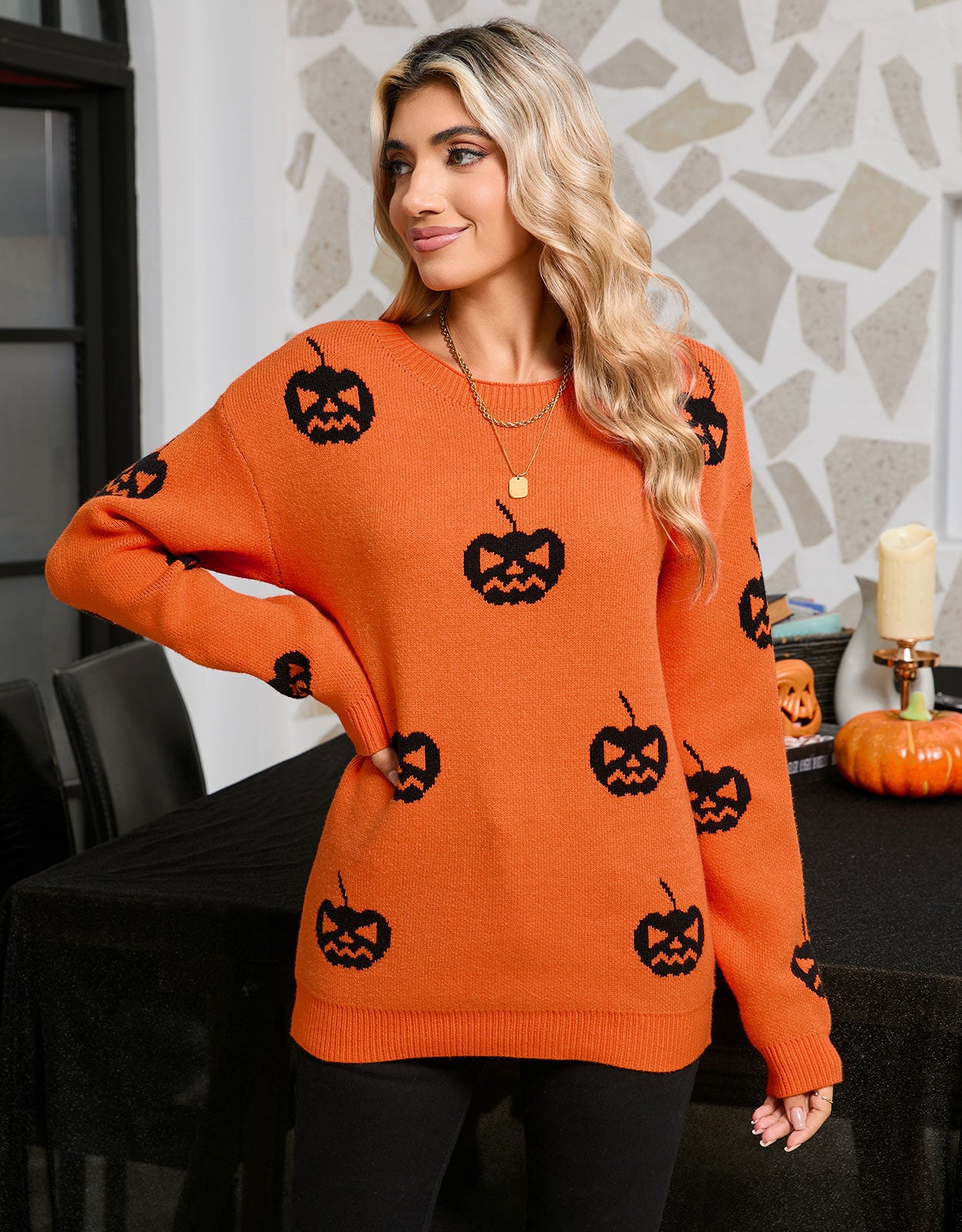 Halloween Pumpkin Print Long Sleeve Sweater