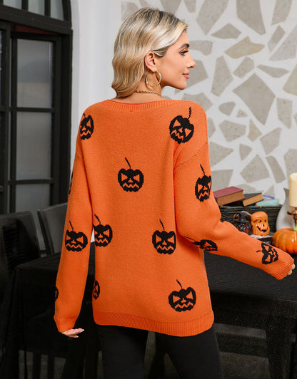 Halloween Pumpkin Print Long Sleeve Sweater