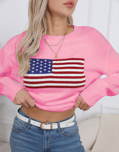 American Flag Loose Long Sleeve Crewneck Sweater