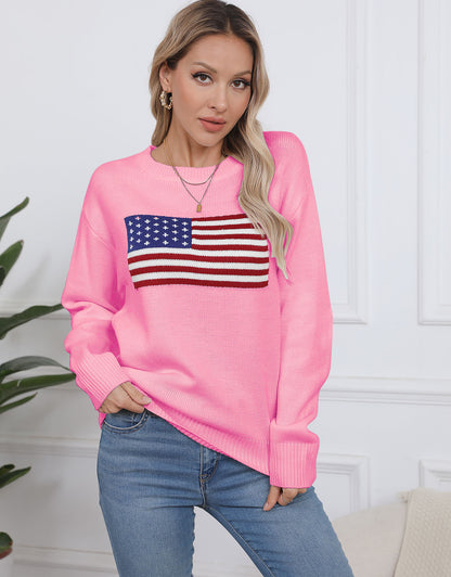 American Flag Loose Long Sleeve Crewneck Sweater