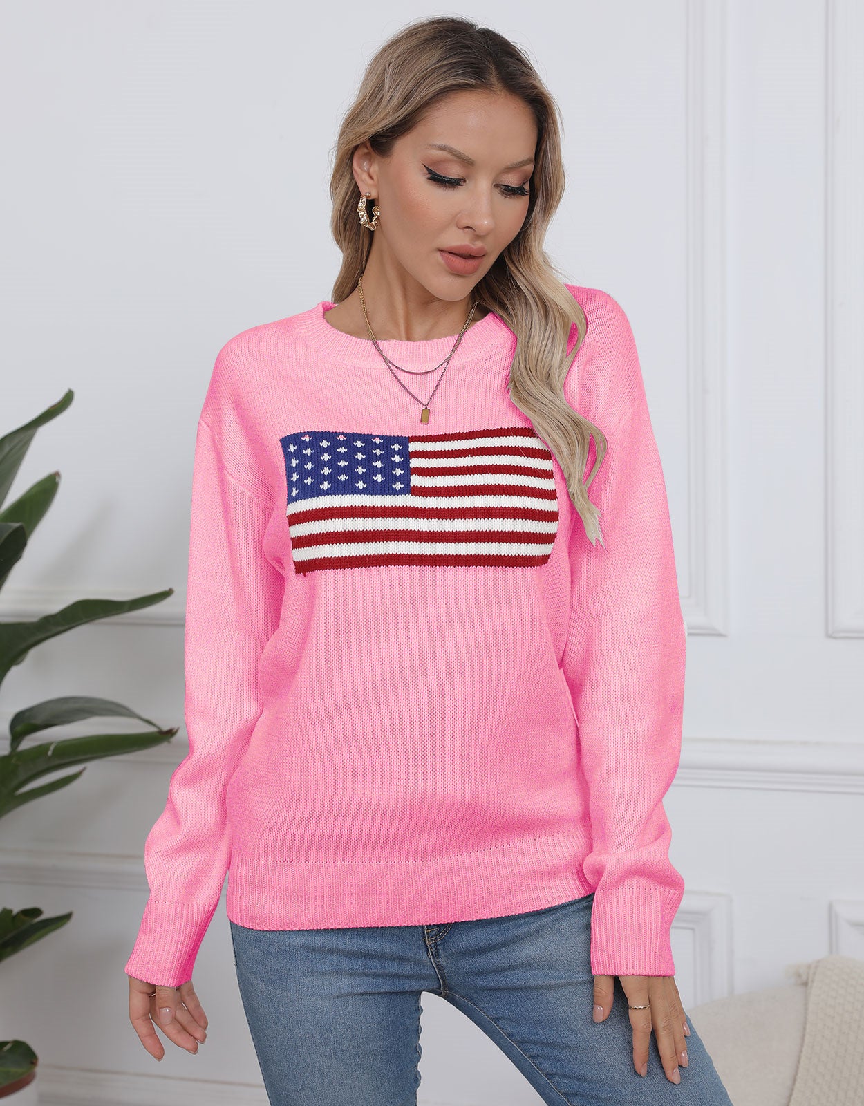 American Flag Loose Long Sleeve Crewneck Sweater