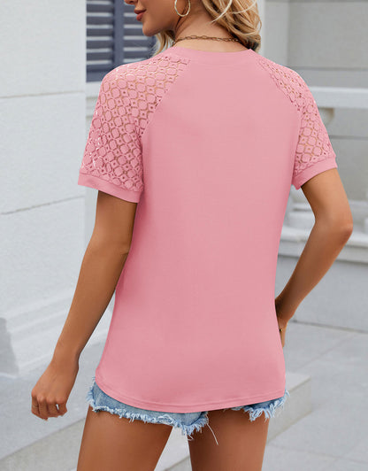 Summer short-sleeved hollow print round neck pleated top