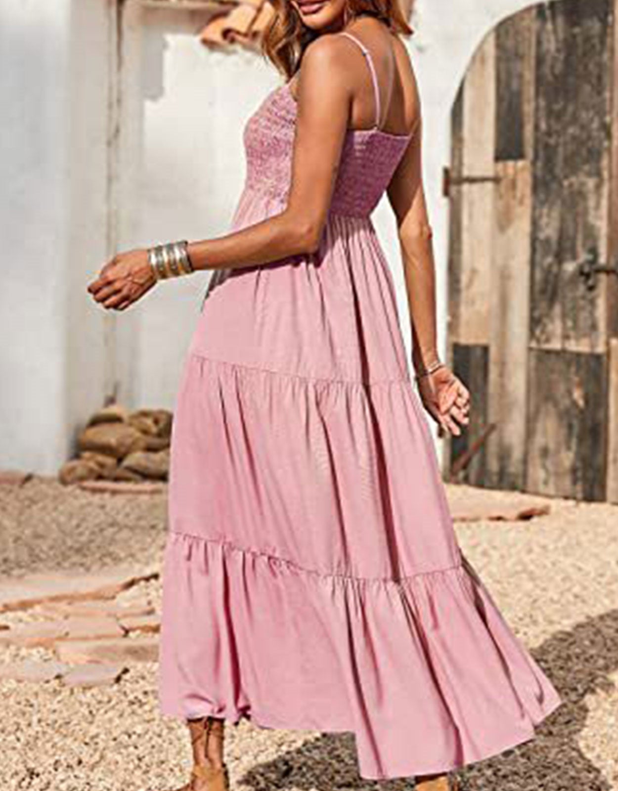 Summer Spaghetti Strap Off Shoulder Layered Hem Maxi Dress