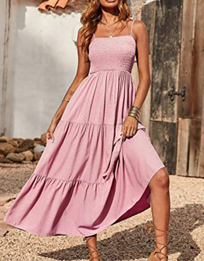 Summer Spaghetti Strap Off Shoulder Layered Hem Maxi Dress