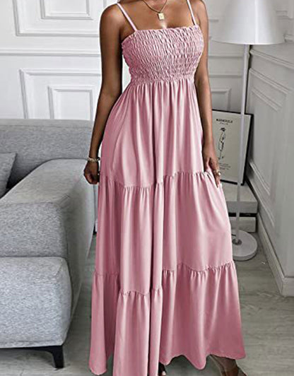 Summer Spaghetti Strap Off Shoulder Layered Hem Maxi Dress