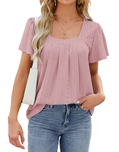 Summer hollow print ruffle round neck top