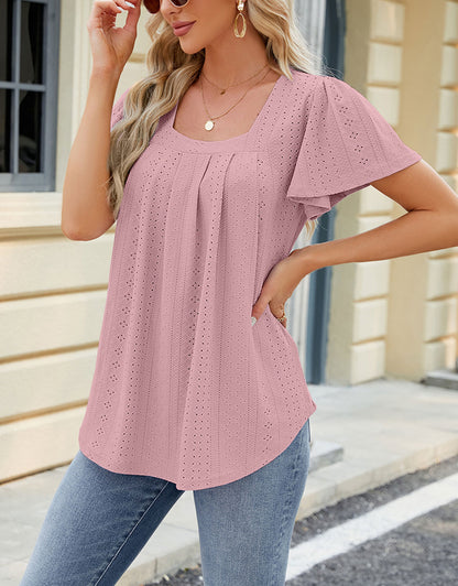 Summer hollow print ruffle round neck top