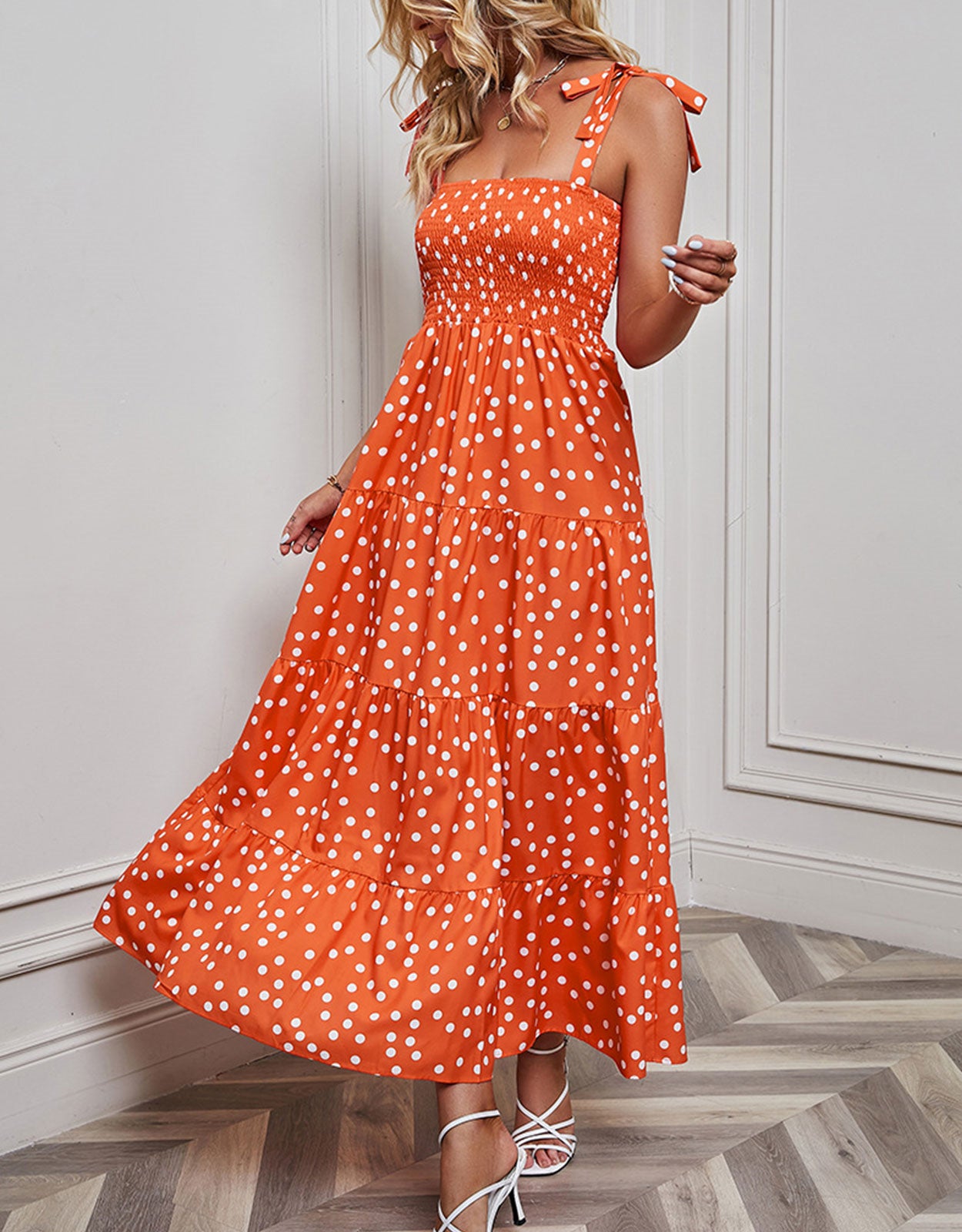 Fashionable suspender polka dot print dress