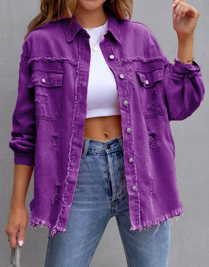 Women's Ripped Distressed Washed Denim Jacket