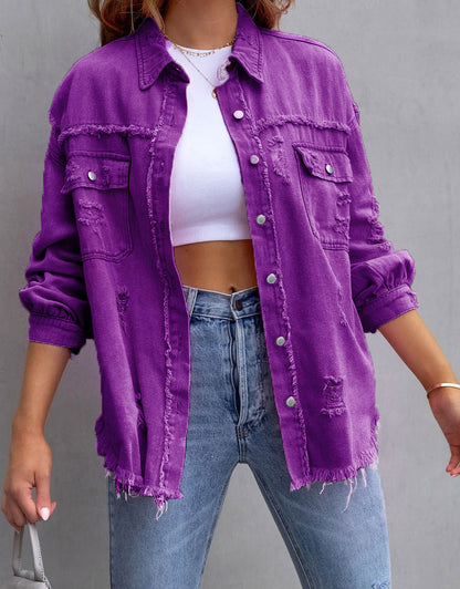 Women's Ripped Distressed Washed Denim Jacket