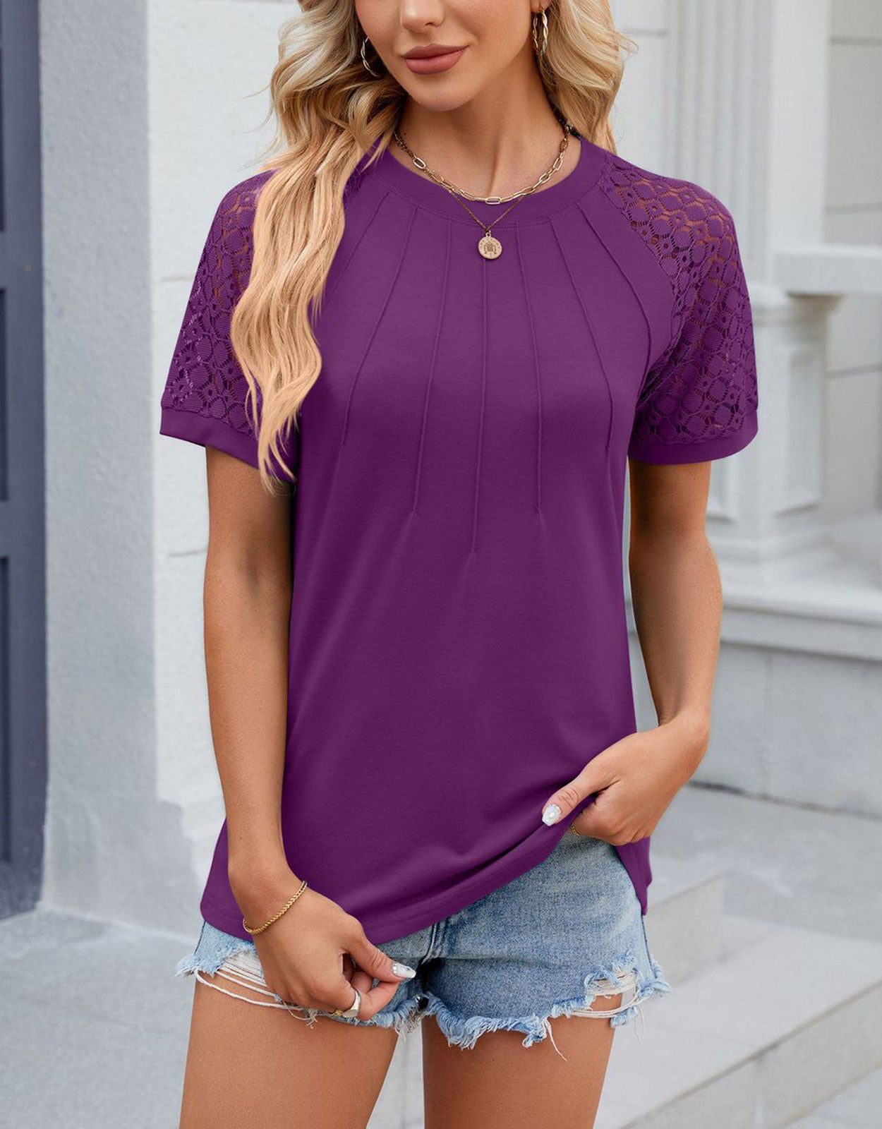 Summer short-sleeved hollow print round neck pleated top