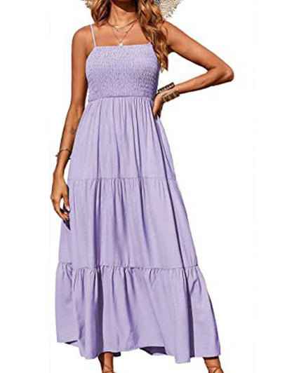 Summer Spaghetti Strap Off Shoulder Layered Hem Maxi Dress