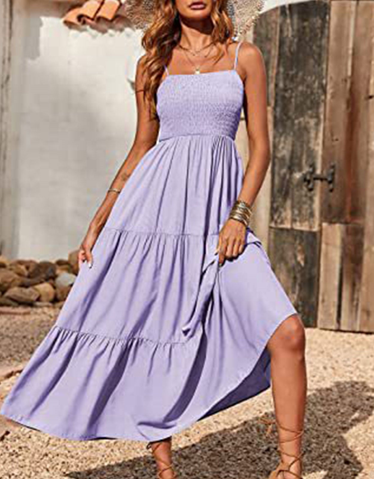 Summer Spaghetti Strap Off Shoulder Layered Hem Maxi Dress