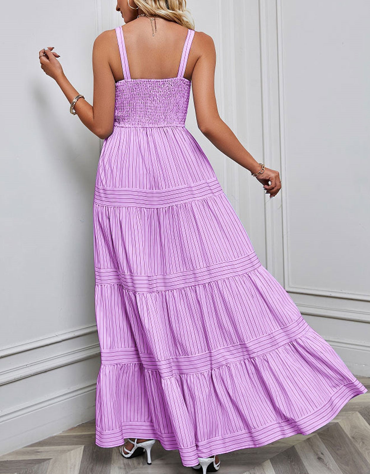 Suspender Sleeveless Vertical Striped Satin Midi Dress